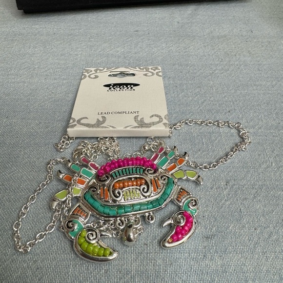 Long Multicolor Bead Painted Crab Silver Necklace - Picture 4 of 6